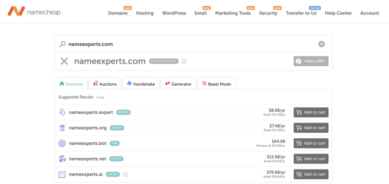 using namecheap to see if nameexperts.com is available