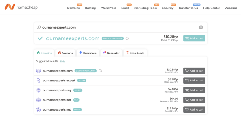 using namecheap to see if ournameexperts.com is available