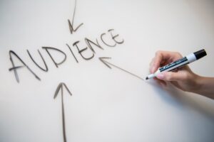Handwritten text saying 'audience' to denote importance of marketing a domain name before selling it