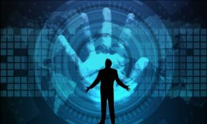 Large blue hand with the outline of a man facing it, indicating the importance of security in domain name brokering.