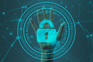 Blue graphic of a cybersecurity lock superimposed over a hand to indicate security when securing a domain name