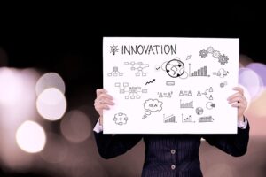 Man holding a whiteboard in front of his face with scribbles about 'innovation' on it.