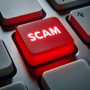Computer keyboard with a large red button marked scam to denote scam awareness for domain name over