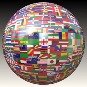 A globe covered in flags of the world instead of countries to illustrate an article about domain name TLDs