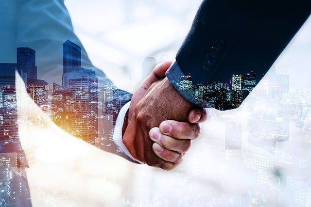 Two businesspeople shaking hands, as if sealing the deal on a lost domain name transaction