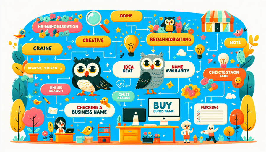 Two owls standing back to back are surrounded by a variety of images containing words such as 'buy'. It's all ties into an article about choosing a domain name.