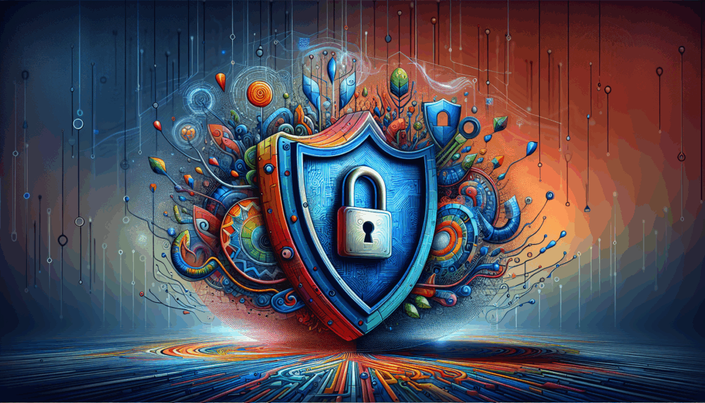 AI generated image showing the cyber security shield logo surrounded by a whirl of colourful shapes to denote security when managing a domain name