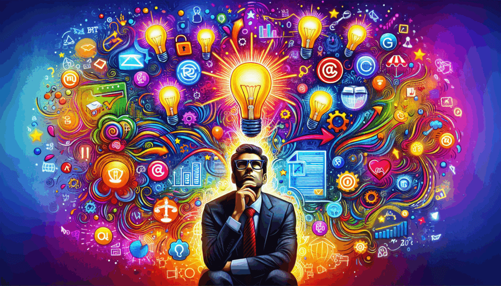 AI generated image of a man in deep contemplation. He is surrounded by a huge variety of icons depicting ideas, such as lightbulbs. This is to illustrate an article about coming up with a perfect domain name for a startup business.