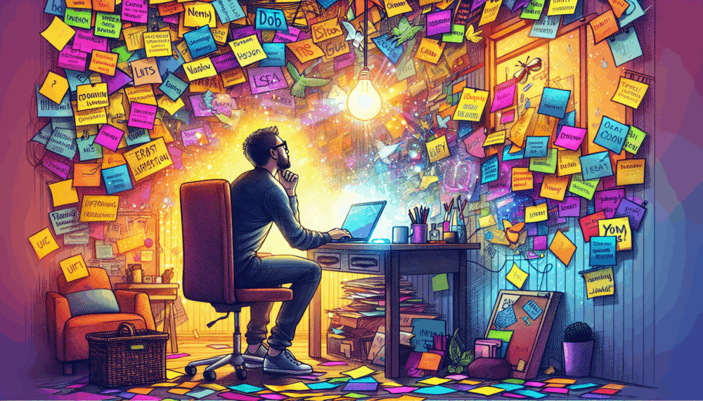 AI generated image of a man sat at his computer surrounded by flying notes indicating ideas during the ideation process for coming up with a domain name
