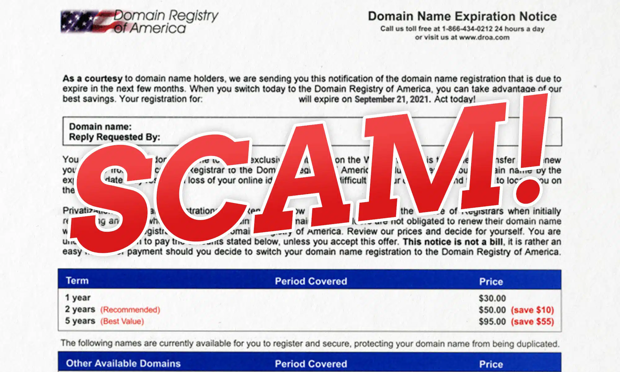Alarming image of a piece of paper stamped with 'scam' for an article about domain name scams