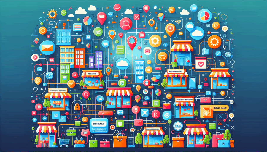 AI generated image of dozens of commercial premises drawn in a cartoon style.
