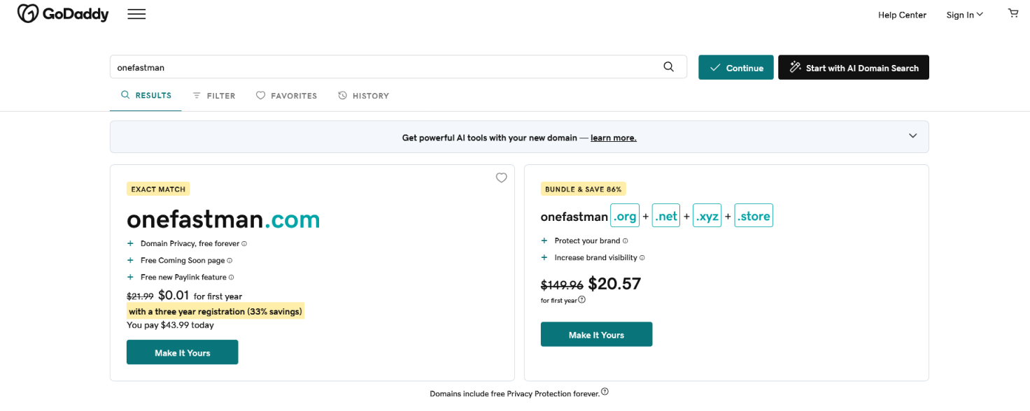 Screenshot of the GoDaddy domain registration website