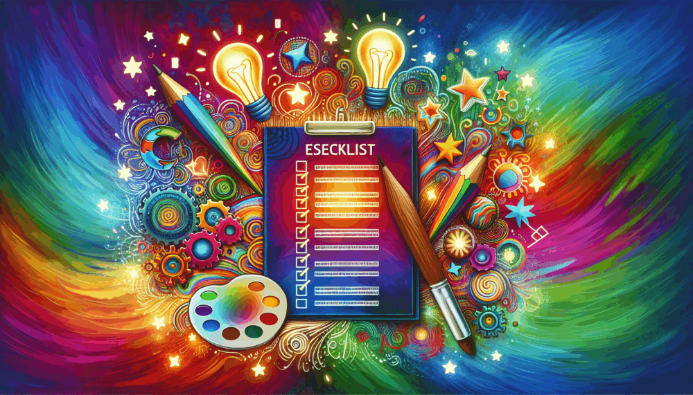 Colourful AI generated image showing an artist palette, drawing materials, and lightbulbs to denote coming up with a great idea for a business domain name