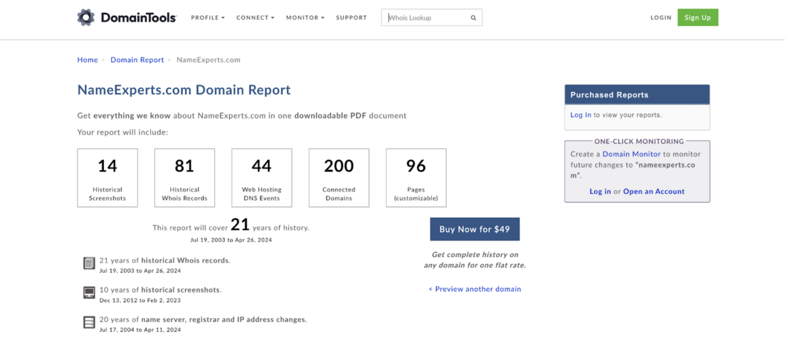 Screengrab of Domain Tools website