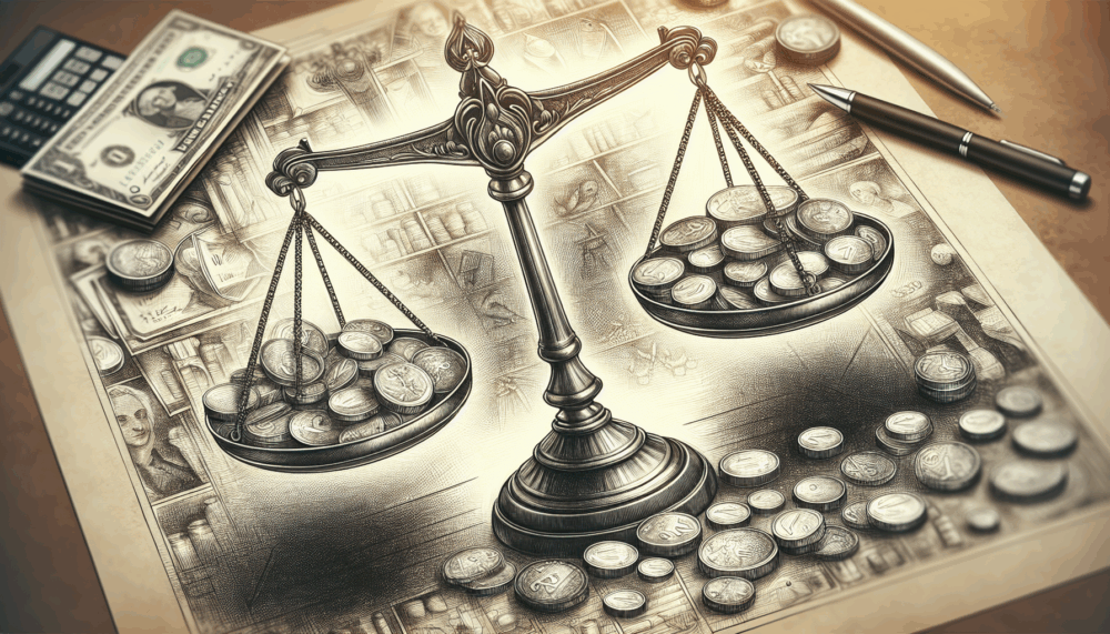 Drawing of the scales of justice with a pile of dollars to one side. The scales are measuring coins to denote pricing during the acquisition of a domain name.
