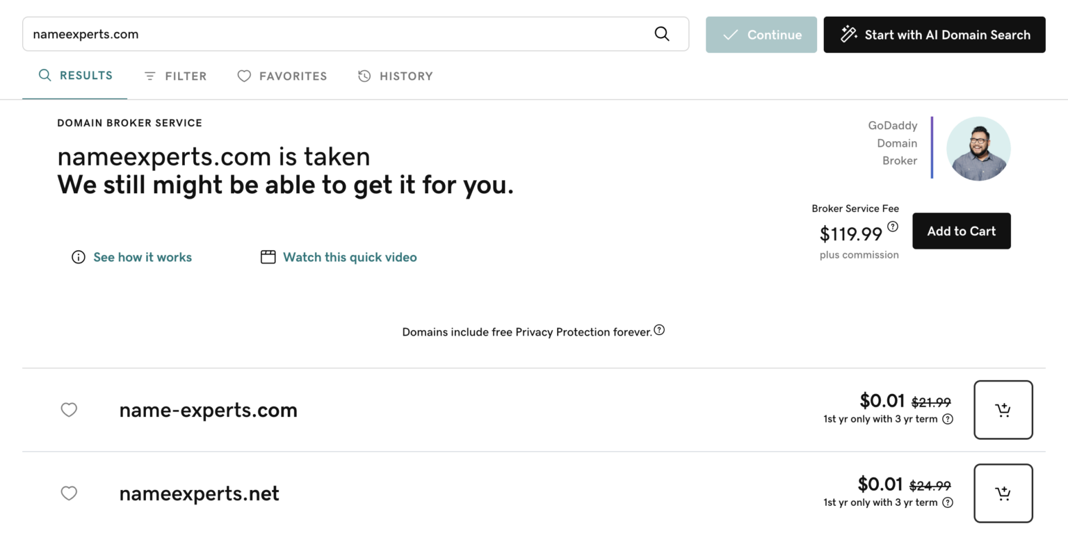 Screenshot of GoDaddy broker page