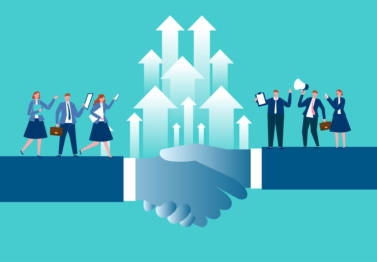 Vector image depicting a handshake with white arrows rising from it and people on wrists at either side to denote a successful domain name deal