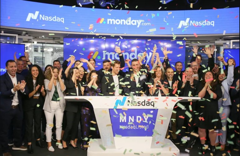 Celebratory shot of the monday.com team after the relaunch of the business and the acquisition of the domain name they needed