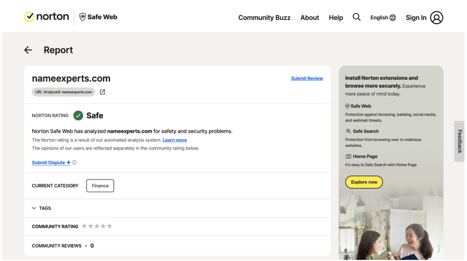 Screengrab of Norton Safeweb website