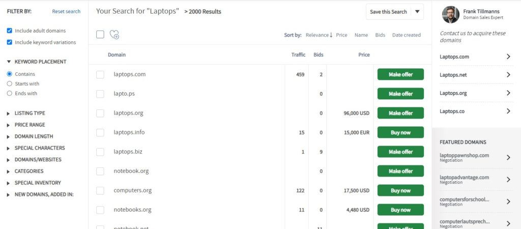 Screengrab of Sedo domain name website