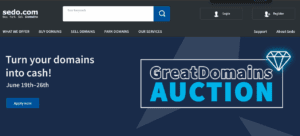 Sedo.com website homepage, a leading buyer and seller of domain names