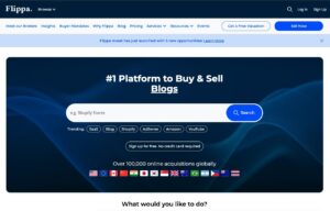 Homepage screengrab of flippa.com, a well known buy/sell domain name service