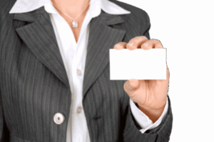 woman holding blank business card for blog about business names