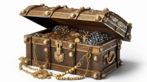 Open treasure chest with jewels and gold spilling out