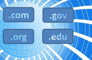 Digital image of TLD domain extensions such as .gov on a blue background