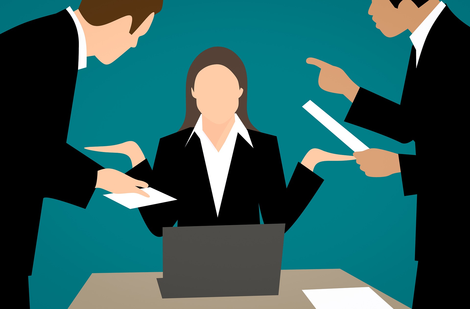 Vector graphic, predominently green, of a female character with arms open weighing up offers from two people, one either side.