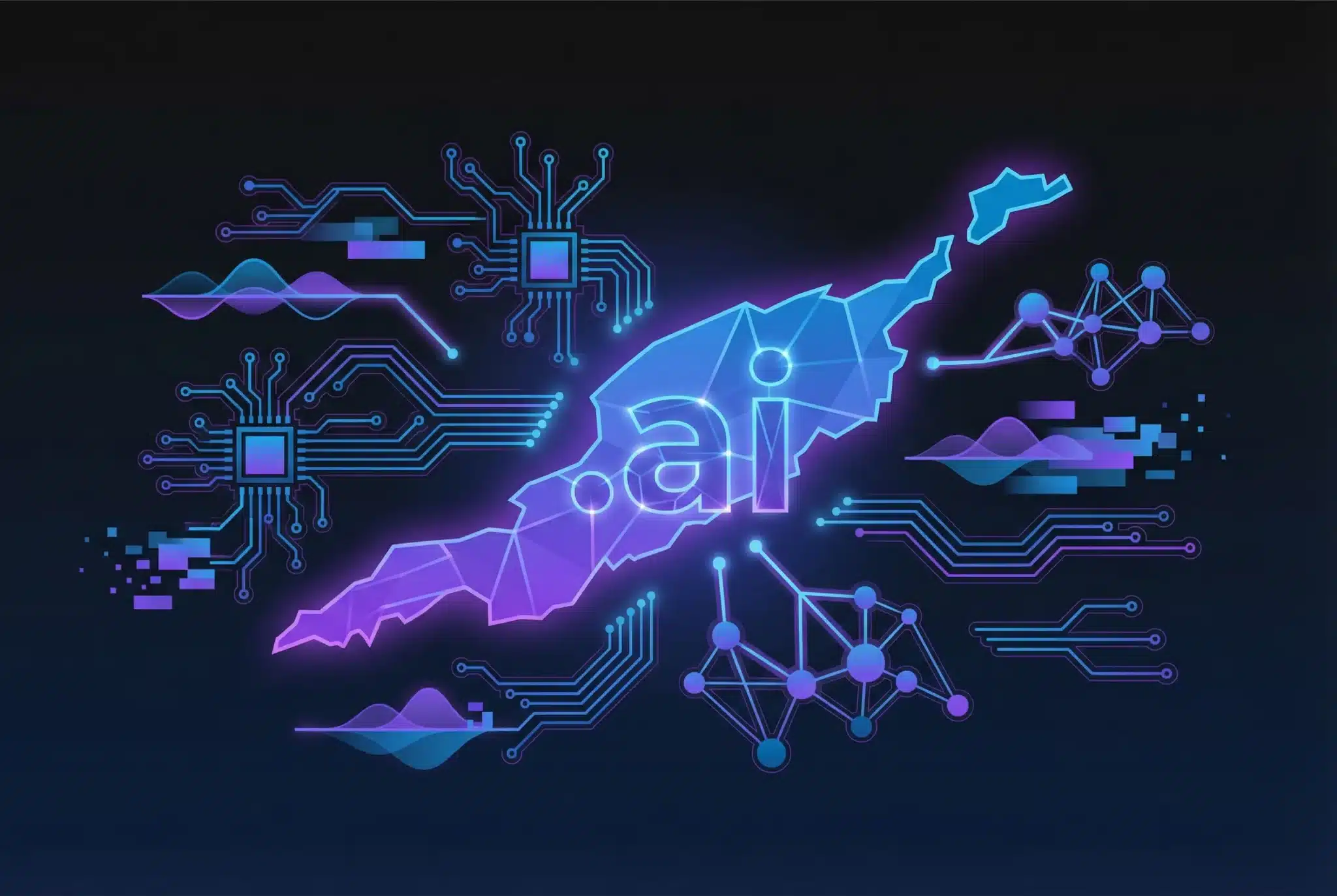 Geometric illustration of Anguilla island with .ai domain as central hub attracting AI technology symbols in blue and purple gradients on dark background
