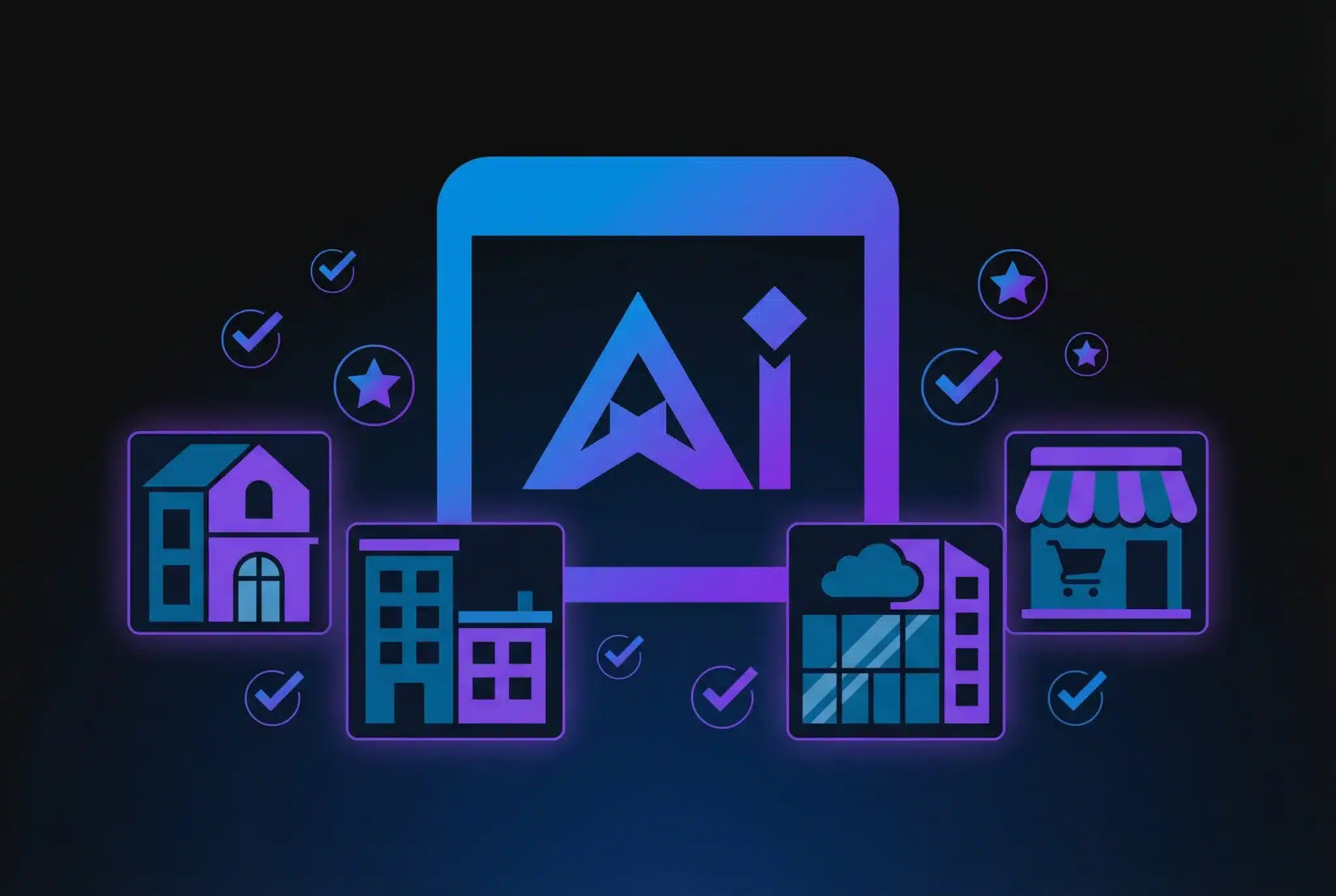 Geometric illustration showing a .AI domain symbol surrounded by simplified storefront icons representing different domain registrars, rendered in blue and purple gradients on a dark background