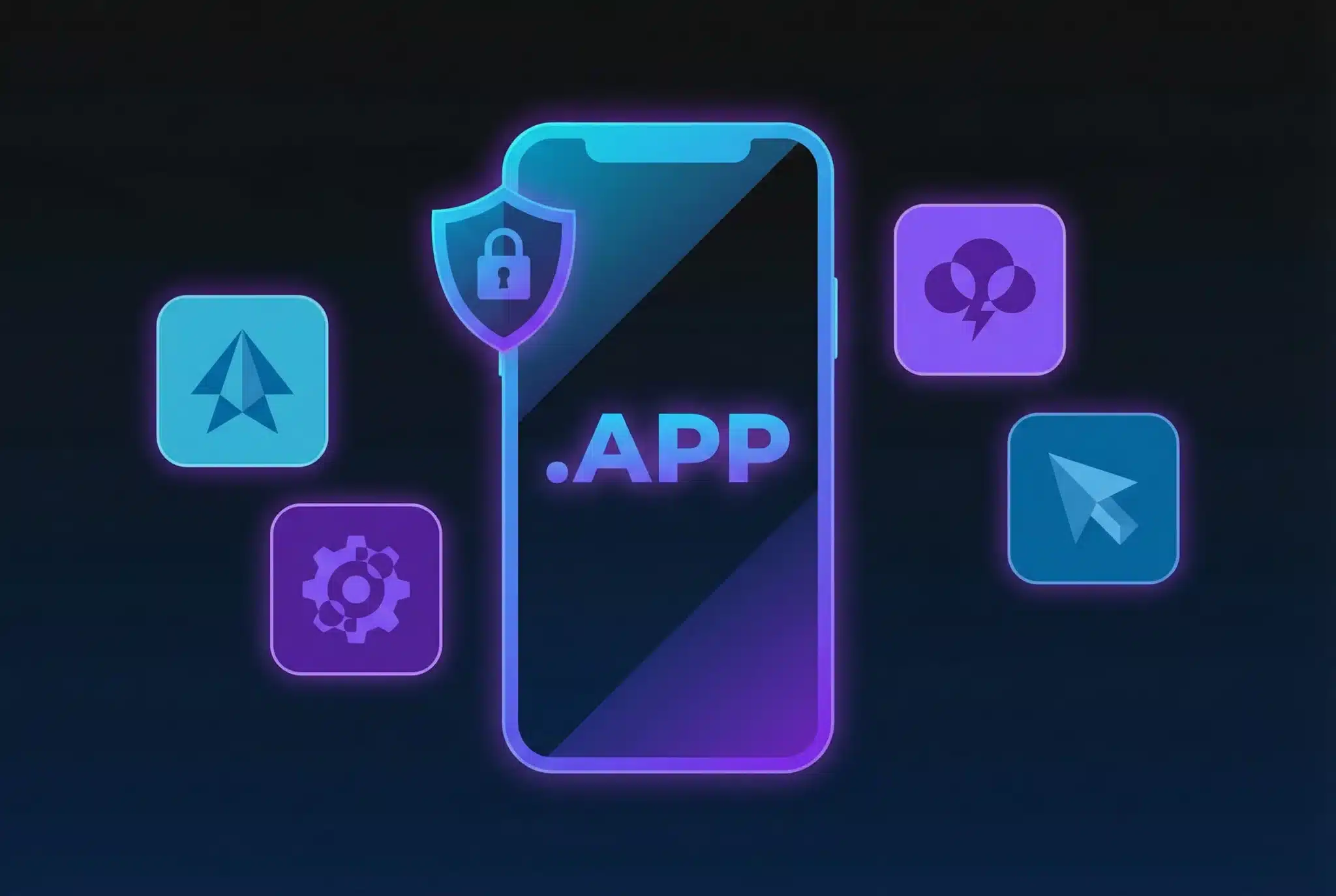 Smartphone displaying .APP domain with floating app icons and security padlock on dark gradient background