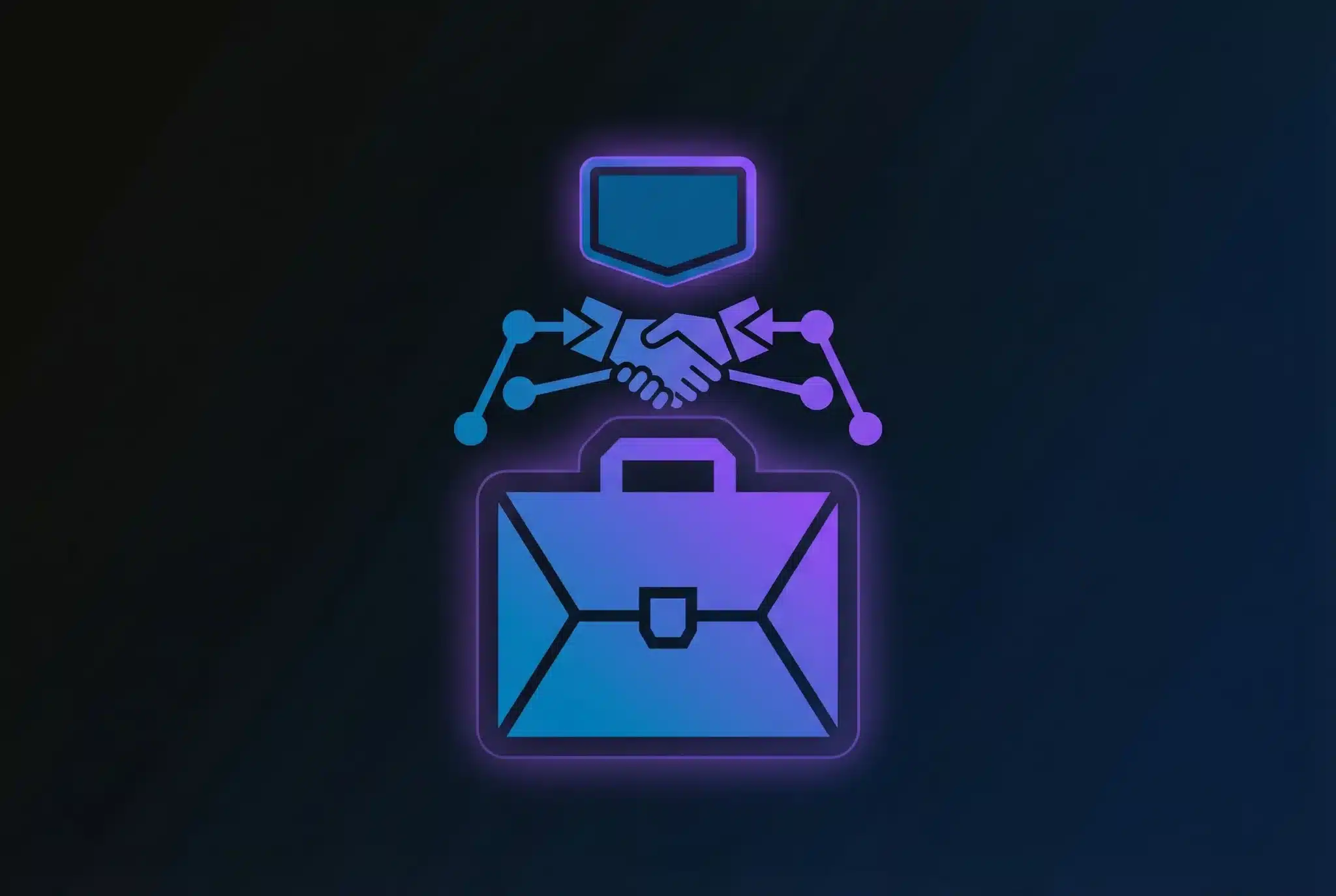 Geometric illustration of a briefcase and premium domain badge connected by handshake symbol, representing professional domain broker services