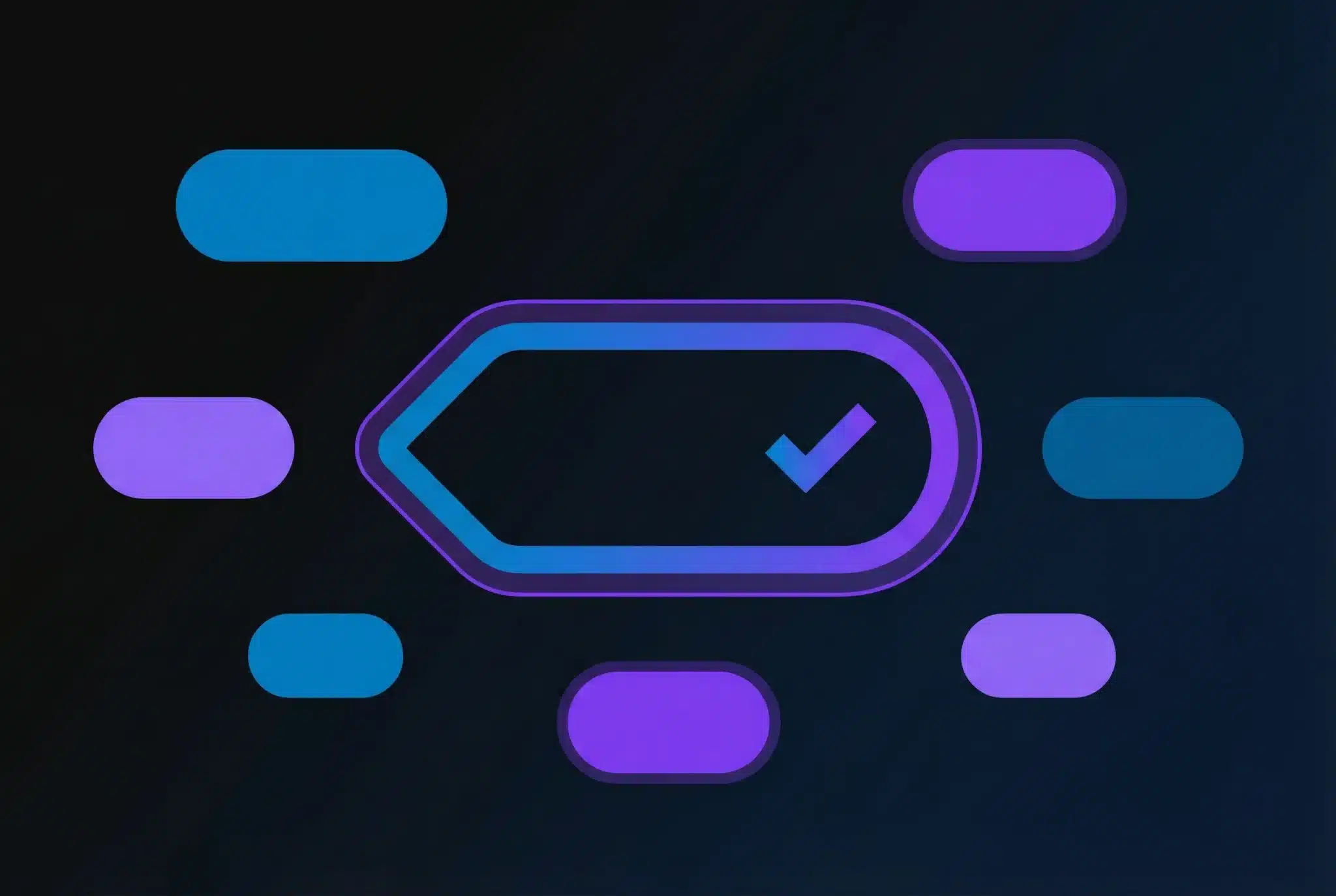 Geometric illustration showing a prominent domain extension tag surrounded by smaller domain symbols on a dark gradient background, representing domain TLD selection and comparison