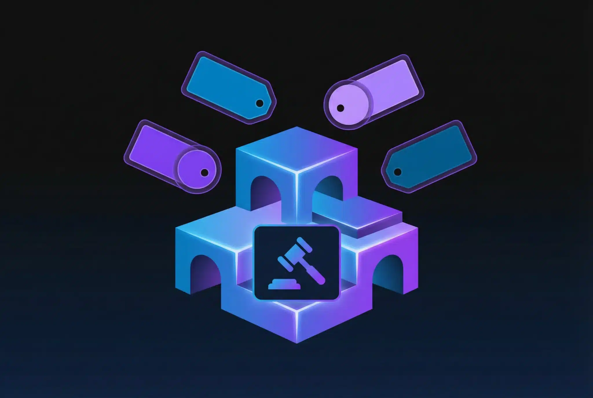 Geometric marketplace podium with floating domain tags and transaction icons in blue-purple gradient on dark background