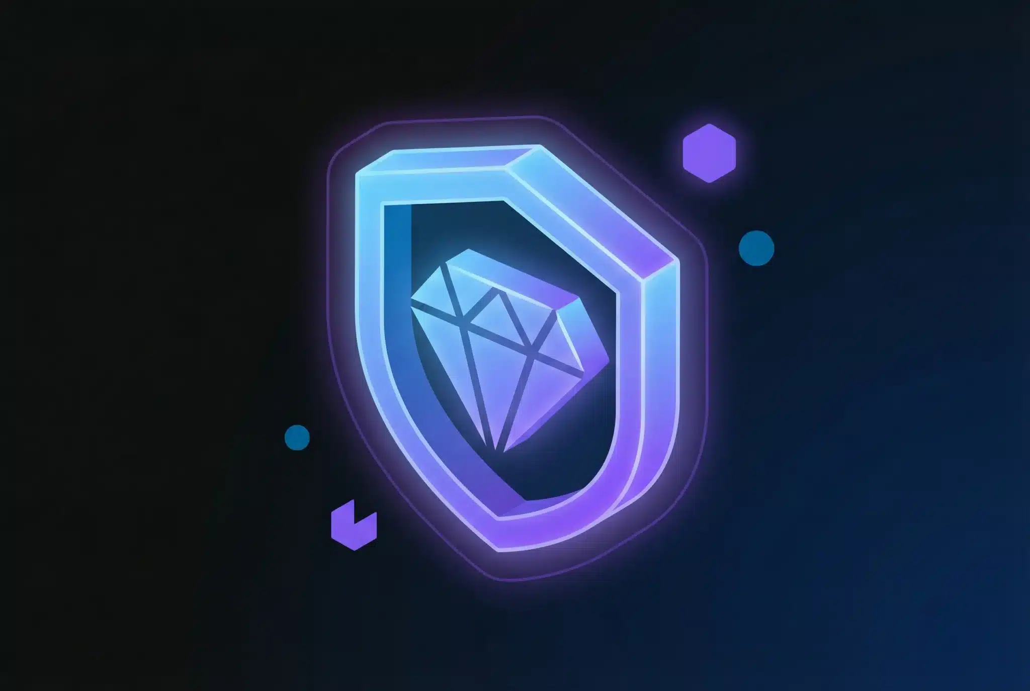 Glowing shield badge with geometric diamond symbol in blue-purple gradient on dark background, representing brandable domain identity