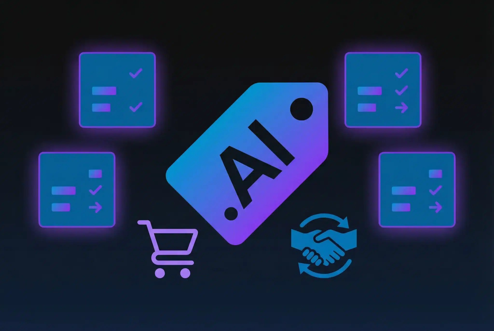 Geometric illustration of .AI domain tag surrounded by comparison cards, shopping cart, and handshake icons in blue-purple gradient on dark background