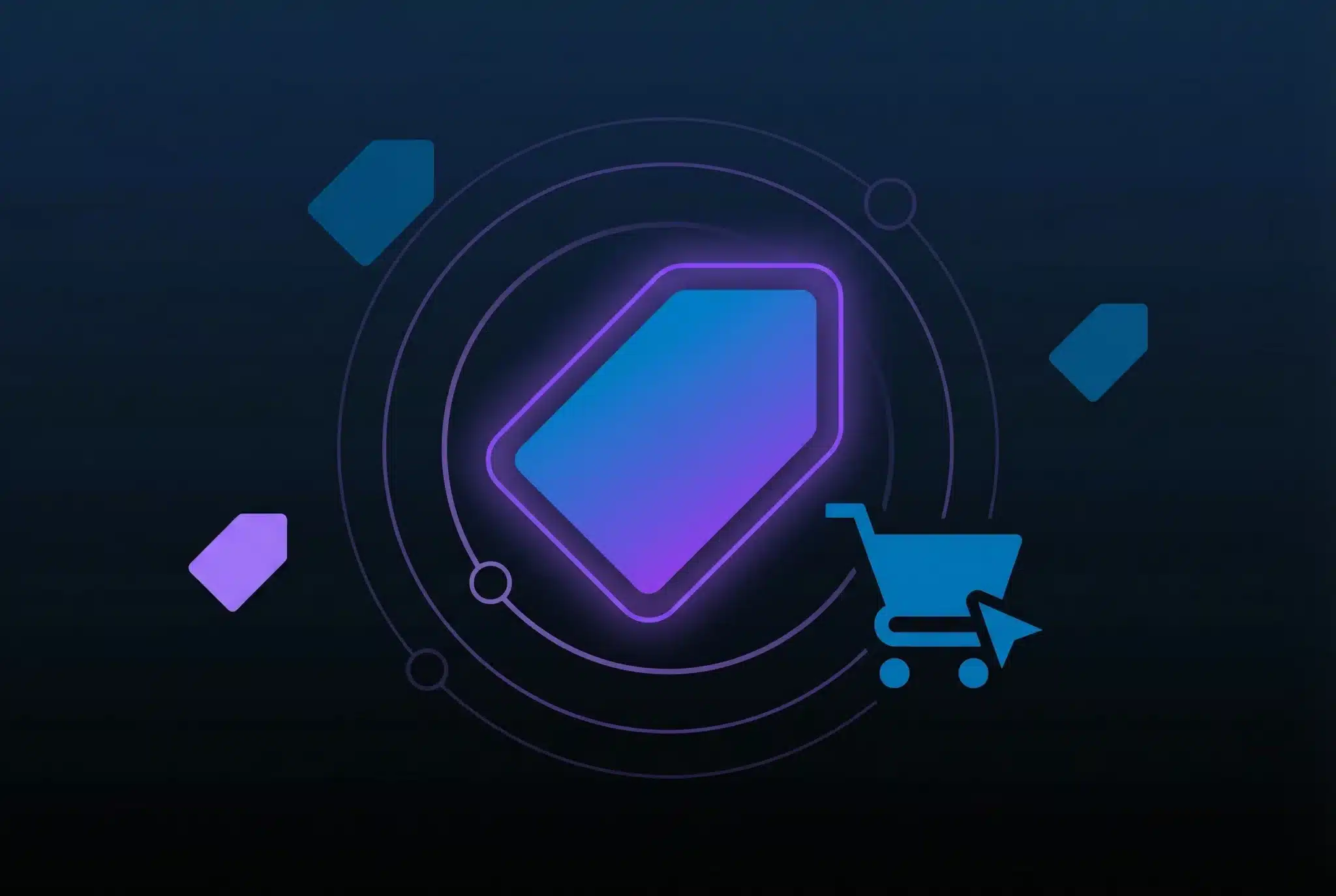 Geometric domain tag with shopping cart icon on dark gradient background, representing expired domain purchasing