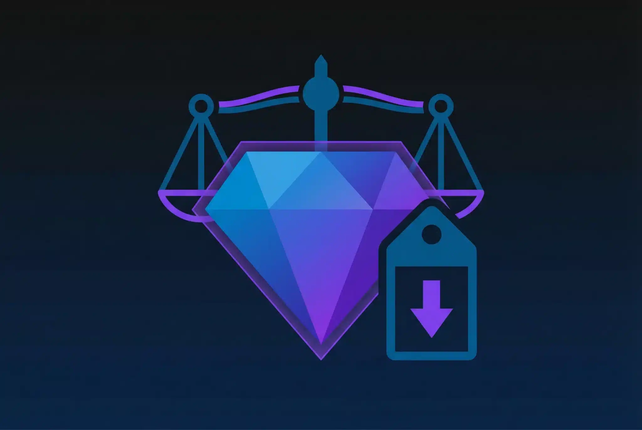 Geometric diamond icon with price tag and downward arrow on dark gradient background, representing strategic premium domain purchasing