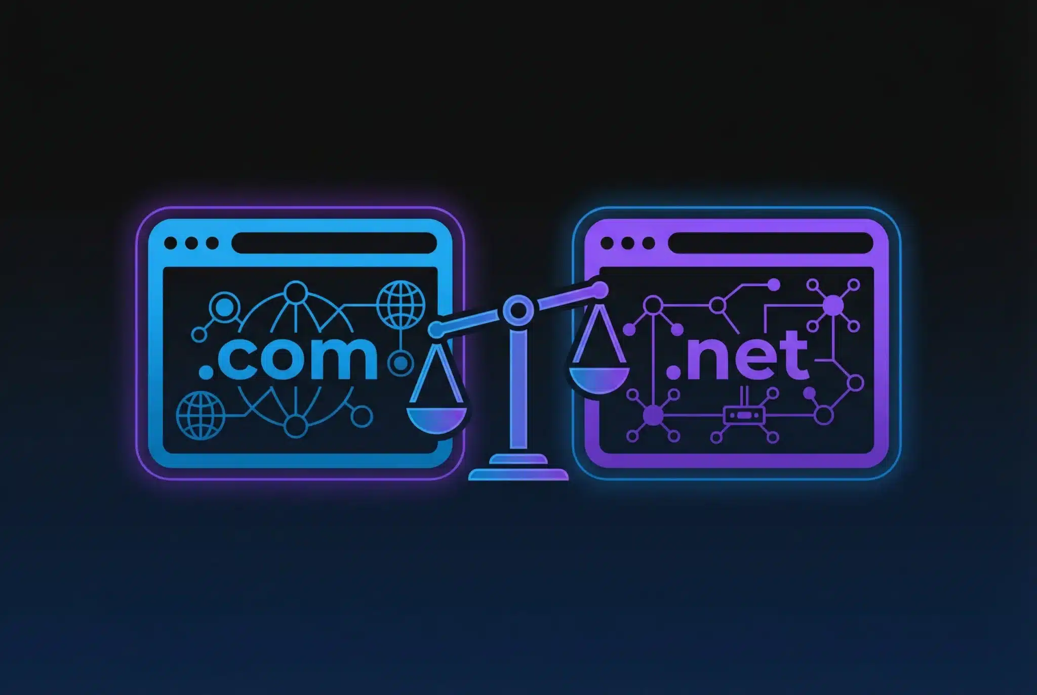 Illustration comparing .com and .net domain extensions represented as glowing geometric shapes on a dark background