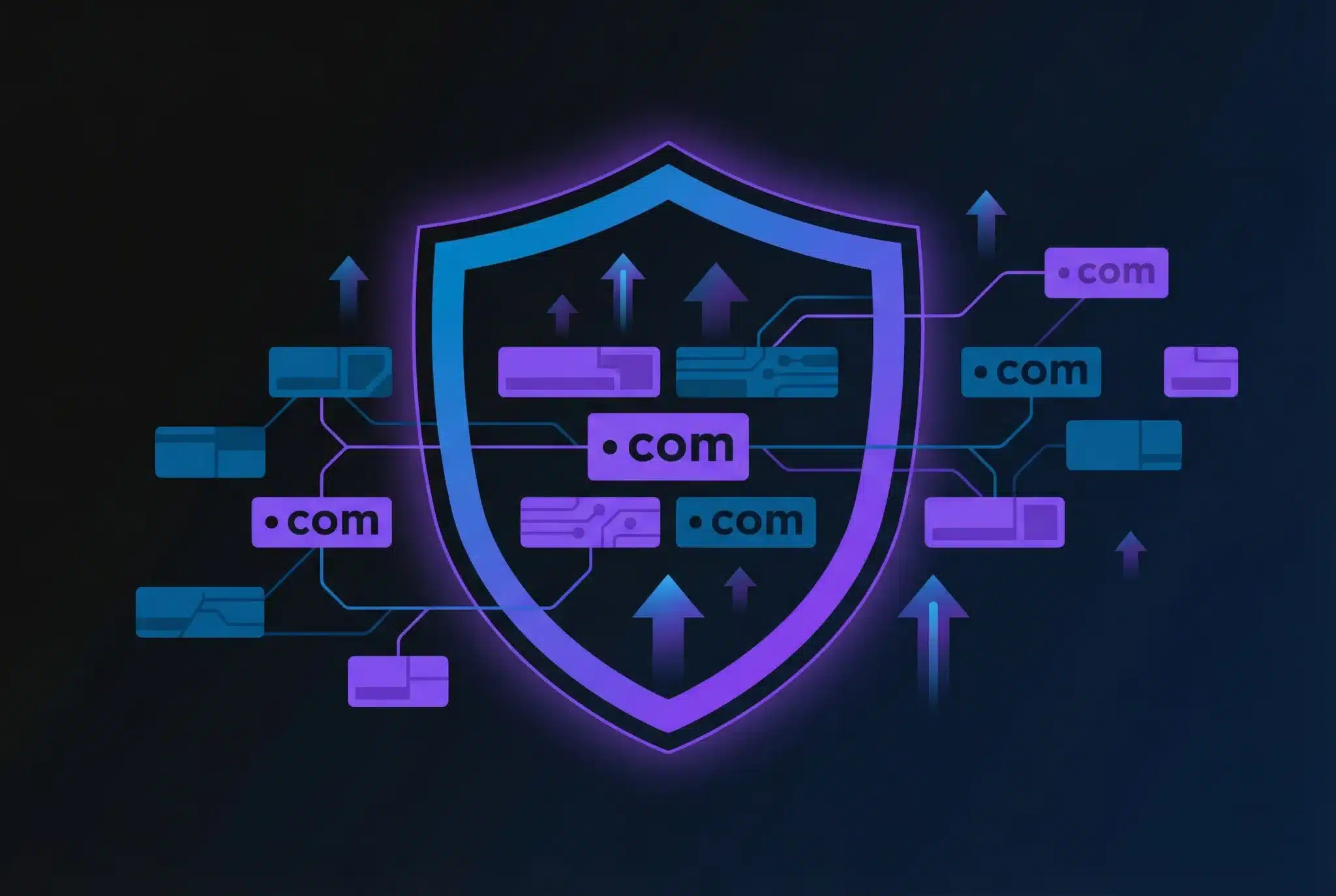 Glowing shield icon surrounded by connected domain blocks and growth arrows on dark gradient background, representing corporate domain strategy and brand protection
