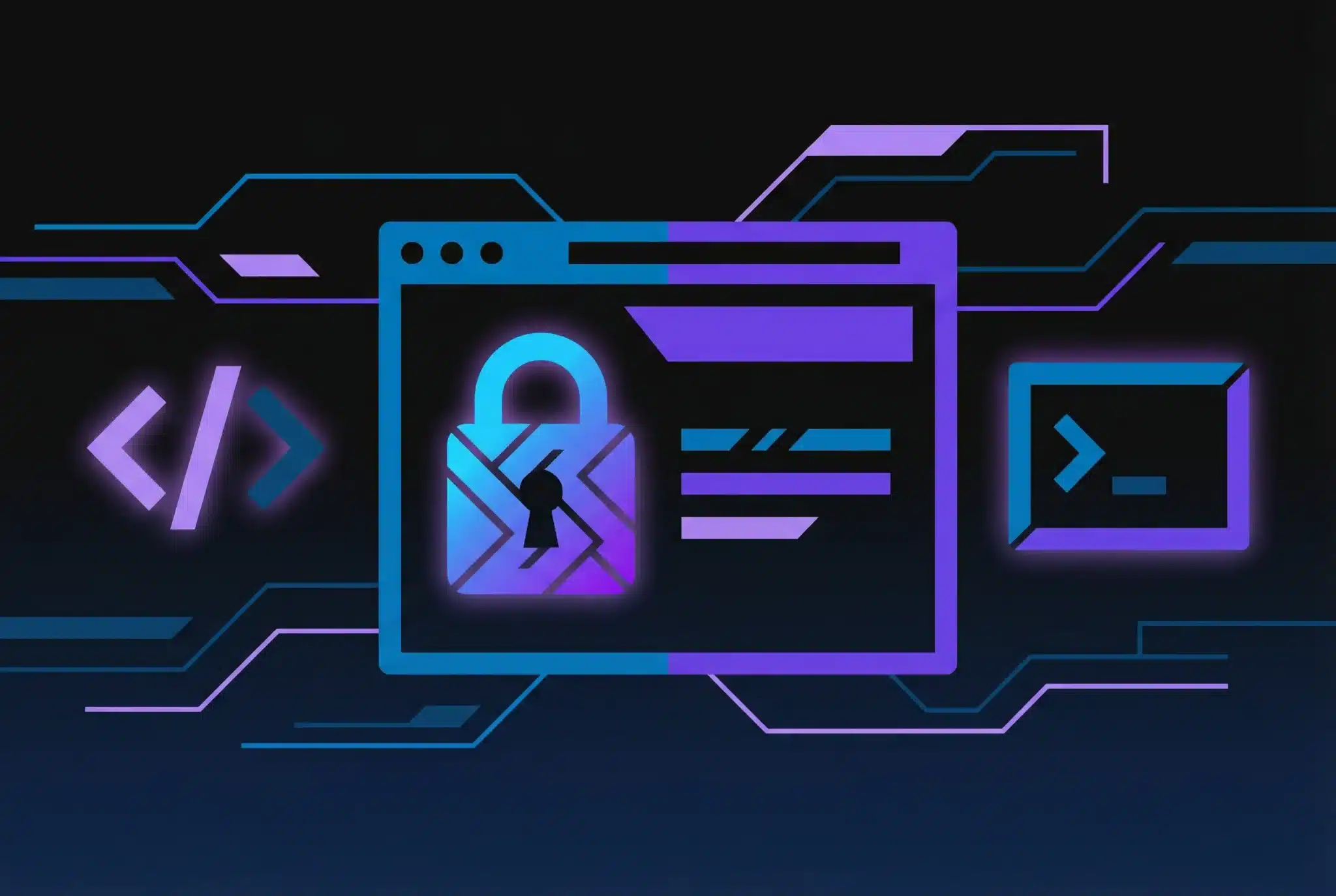 Geometric illustration of a .dev domain with HTTPS padlock symbol in glowing blue and purple gradients on dark background