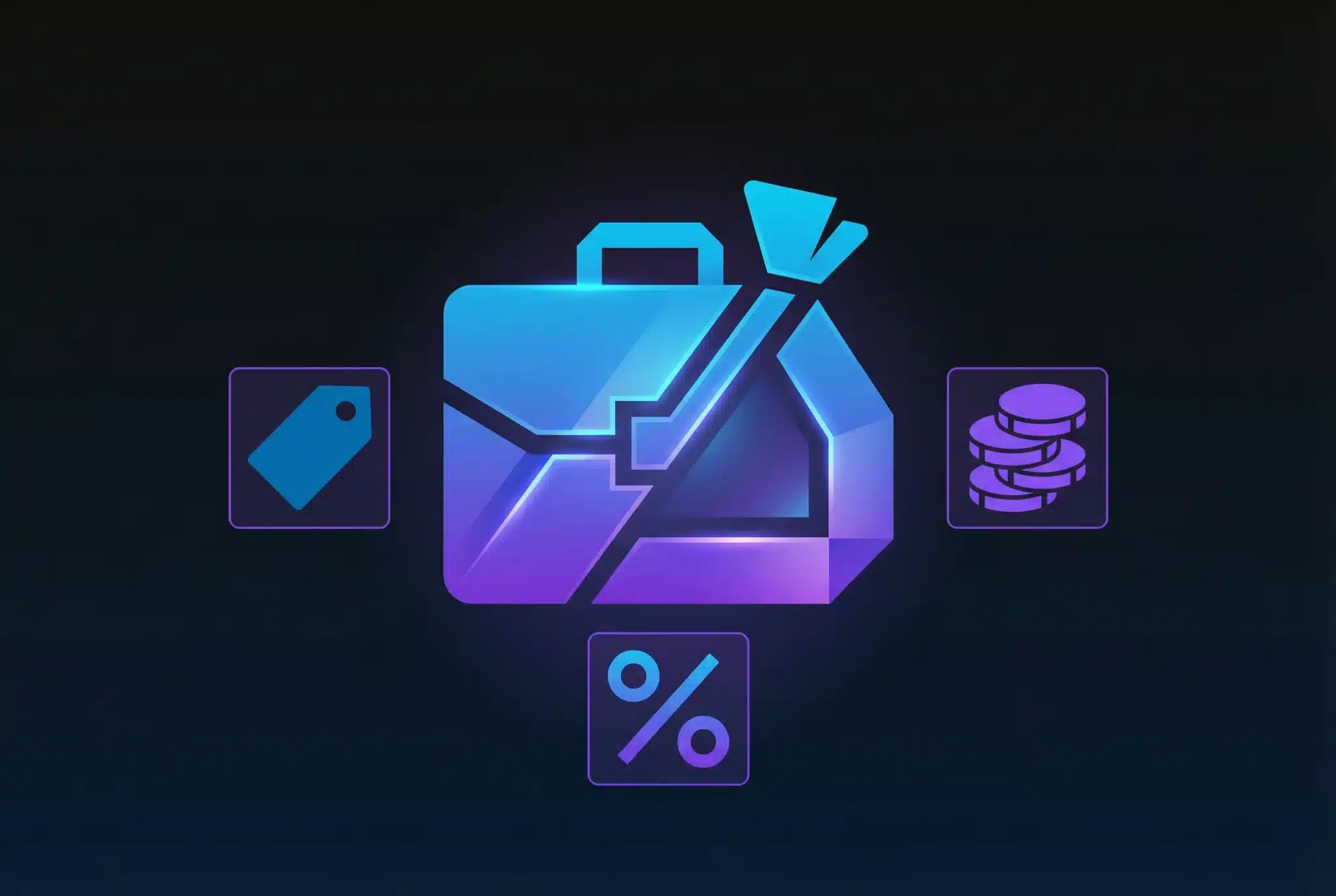 Geometric illustration of briefcase with price tag, coins, and percentage symbol in blue and purple gradients on dark background representing domain broker costs and fees