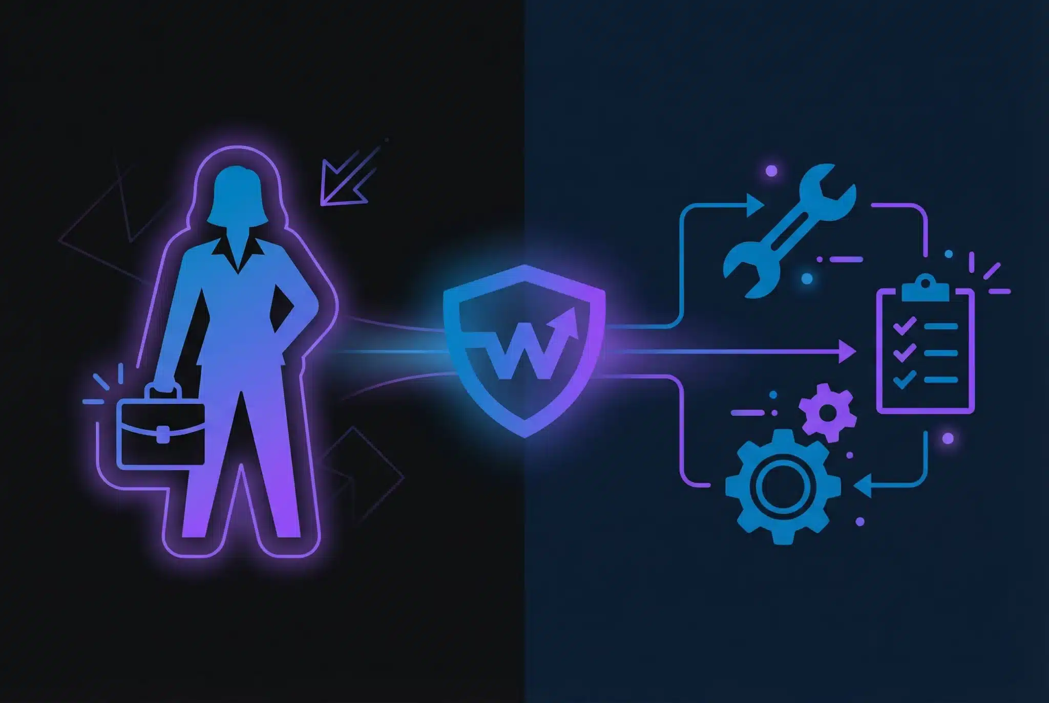 Split illustration comparing domain broker services versus DIY domain acquisition, showing professional broker figure on left and self-service tools on right with domain symbol in center