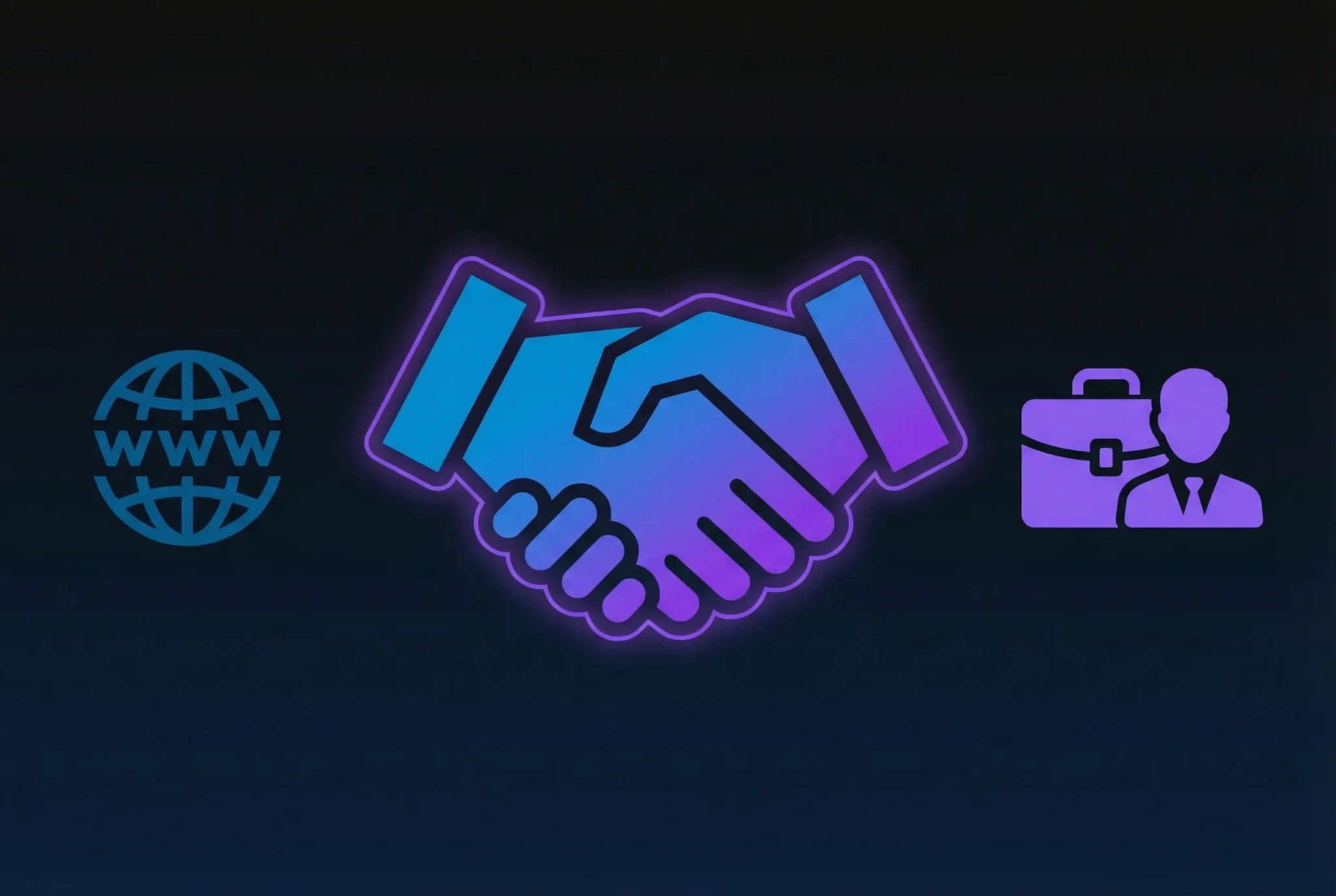 Geometric handshake icon with gradient blue-purple colors between a domain symbol and briefcase, representing domain brokerage services