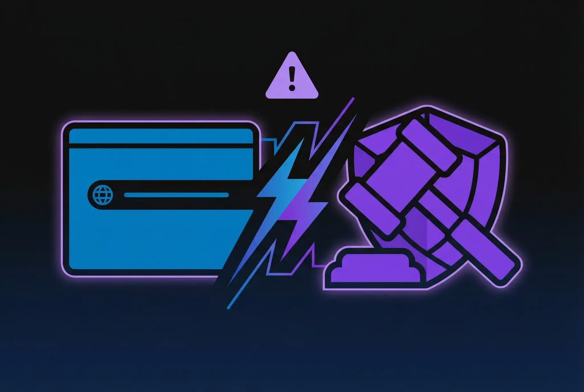Geometric illustration showing a domain browser window and gavel in conflict with lightning bolts between them, representing domain name disputes and legal resolution