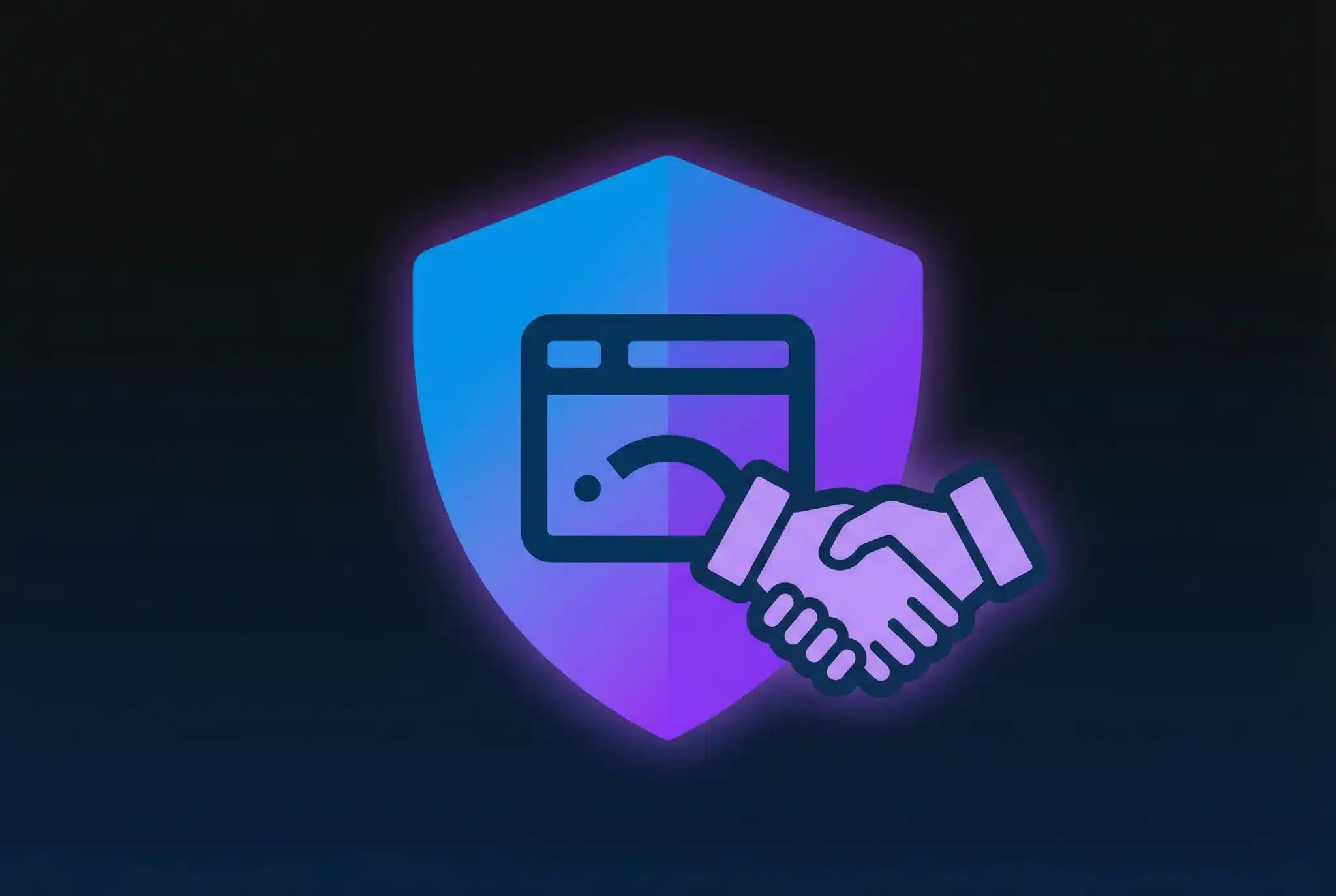 Shield protecting a domain symbol with handshake icon representing secure domain escrow transactions
