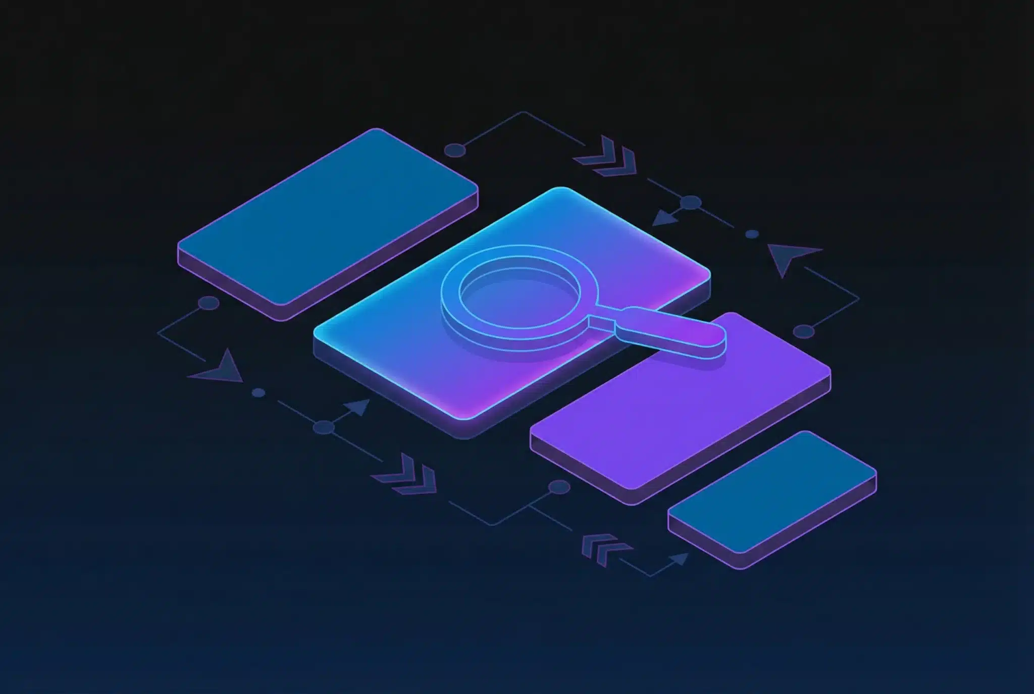 Geometric tiles representing domain extensions with highlighted selection tile and magnifying glass on dark gradient background