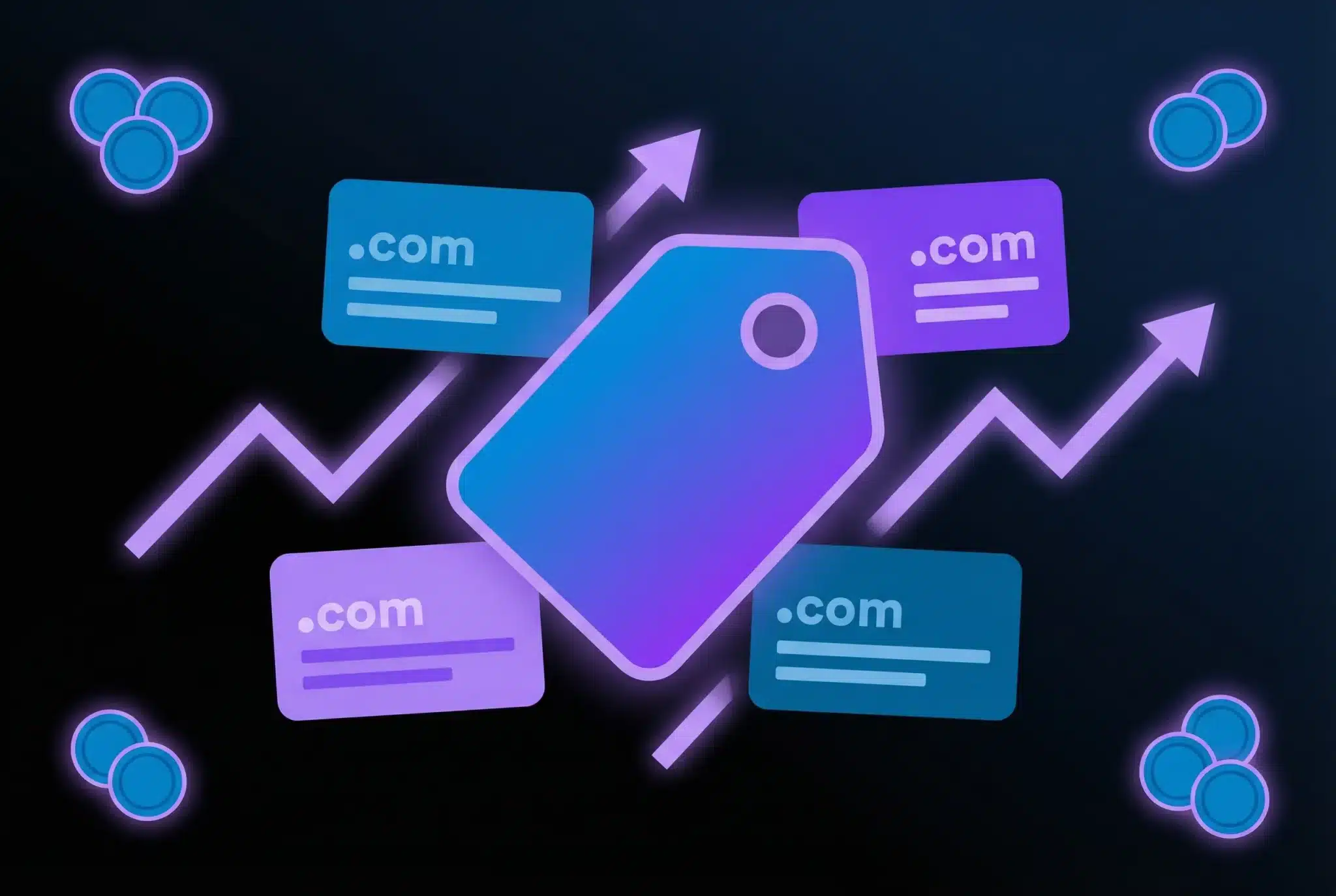 Geometric illustration of a price tag with domain blocks and upward arrows representing domain flipping and profitable domain trading